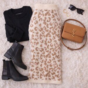 💙 Leopard Print Fuzzy Knit Midi Skirt High Waist Soft Sweater Skirt NEW L